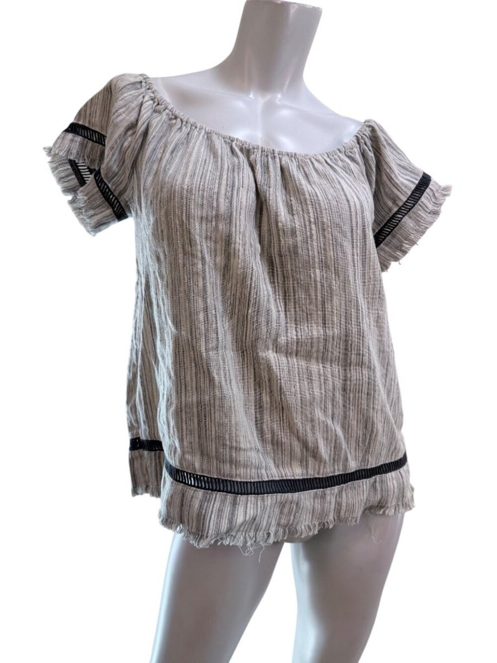 Crochet Boho Off The Shoulder Ladder Lace Fray Edge Top Grey Large - Picture 2 of 8